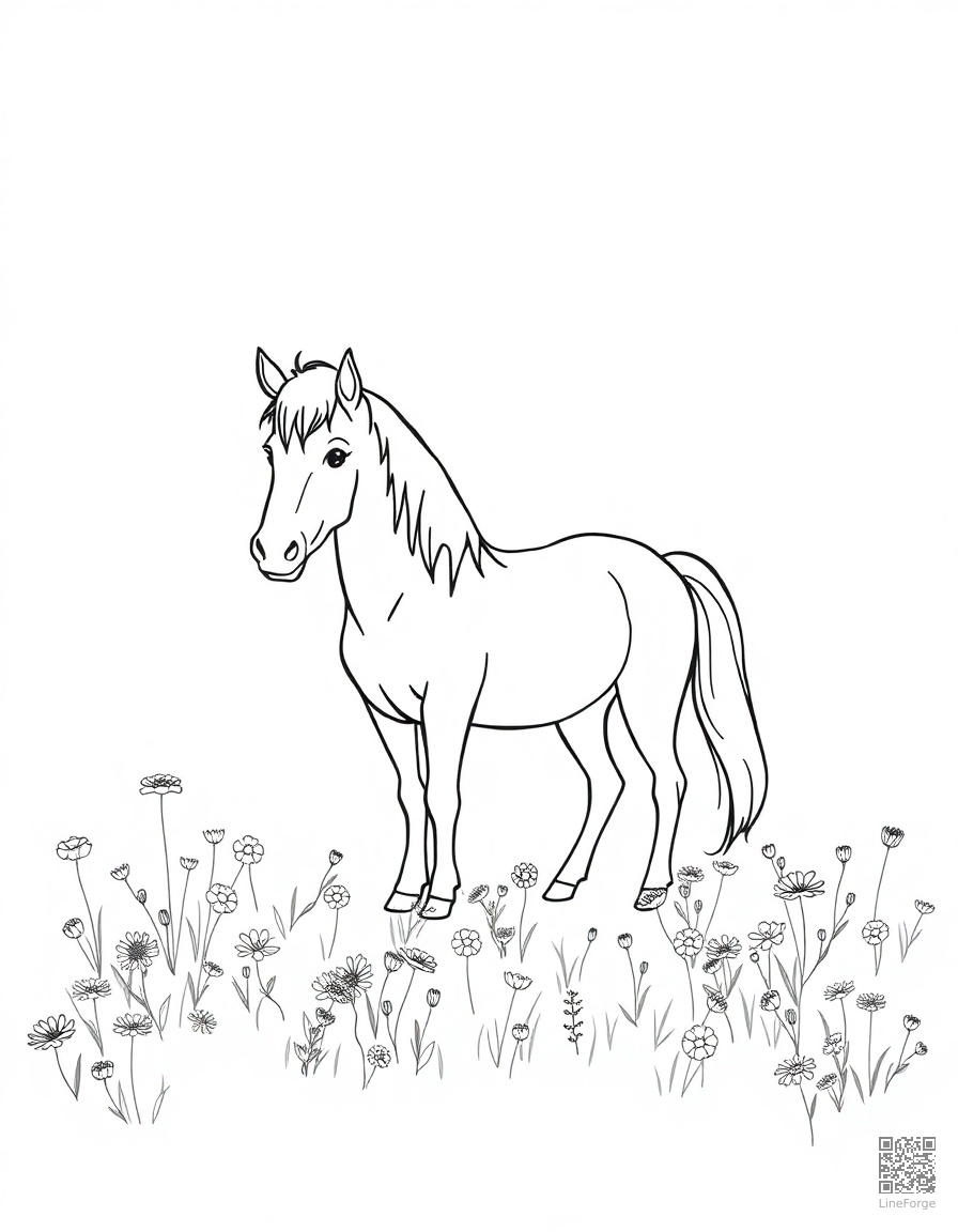 A pony standing in a field of wildflowers coloring page Minimal style free printable