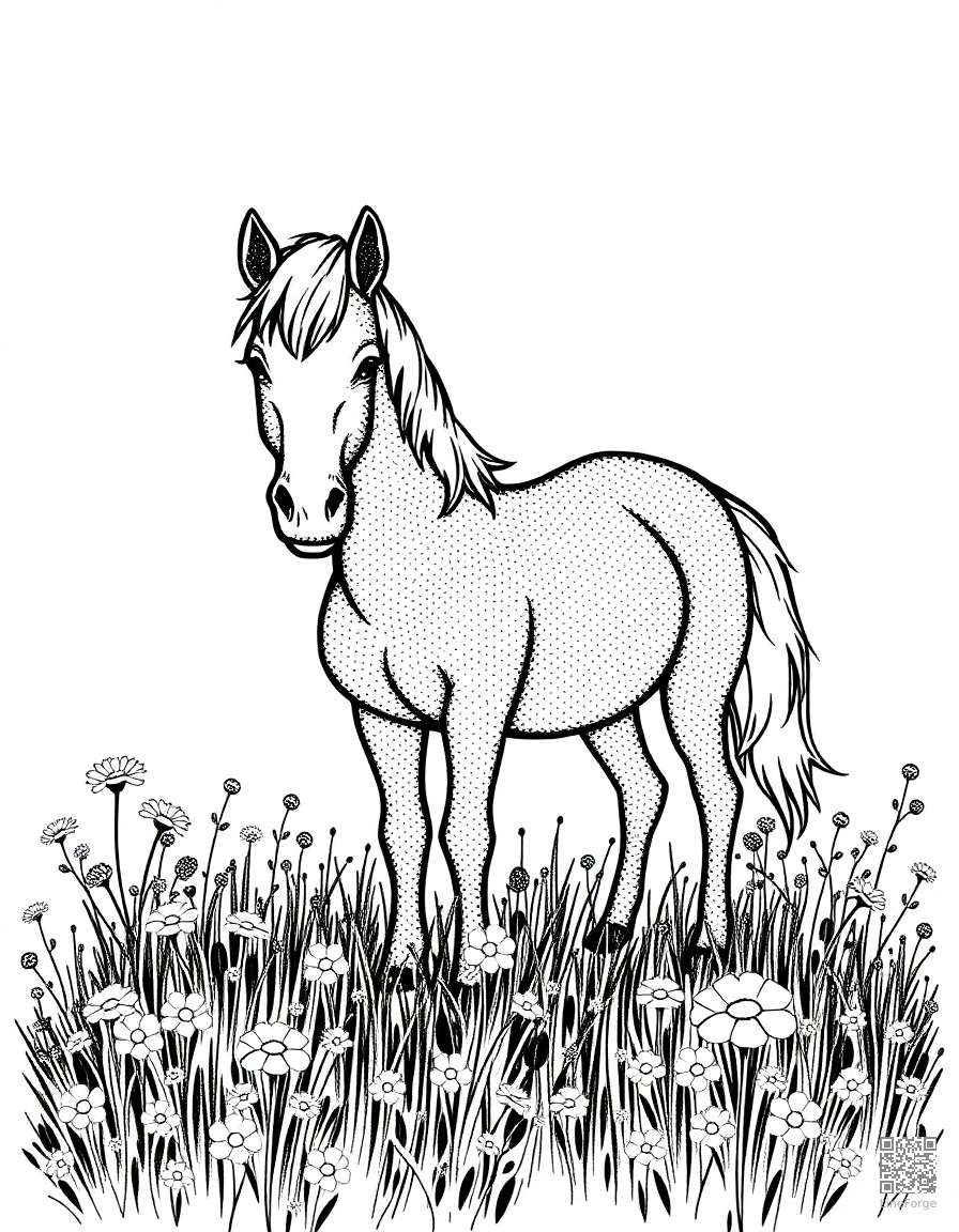 A pony standing in a field of wildflowers coloring page Stipple style free printable