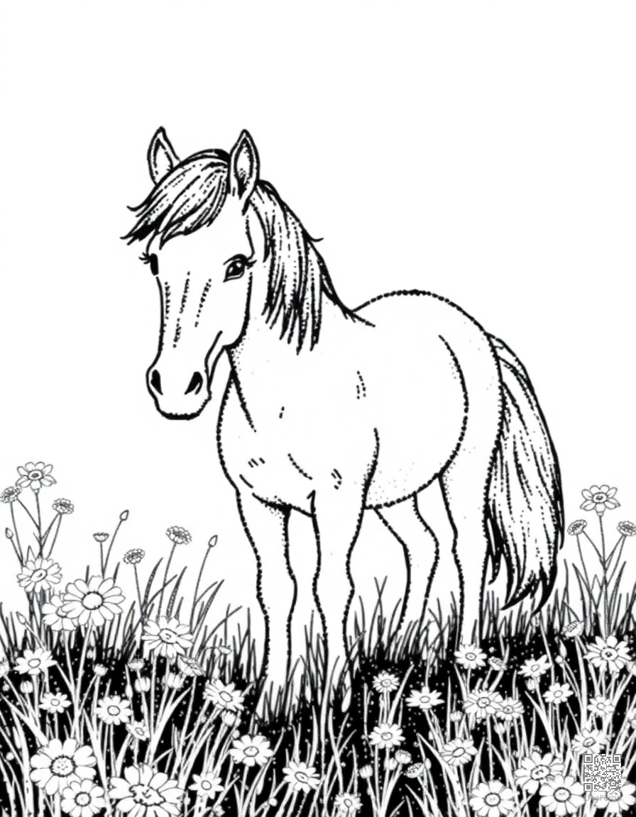 A pony standing in a field of wildflowers coloring page Stipple style free printable