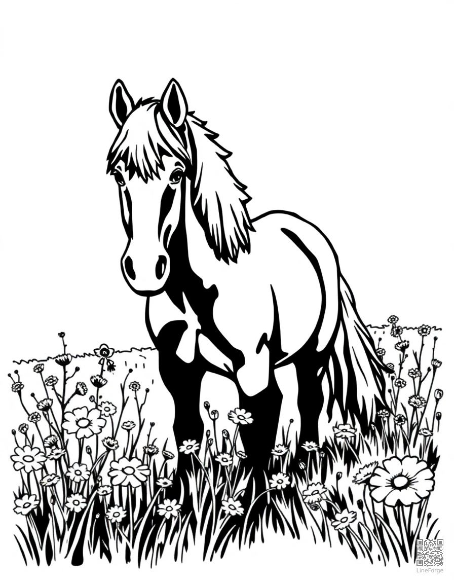 A pony standing in a field of wildflowers coloring page Woodcut style - free printable