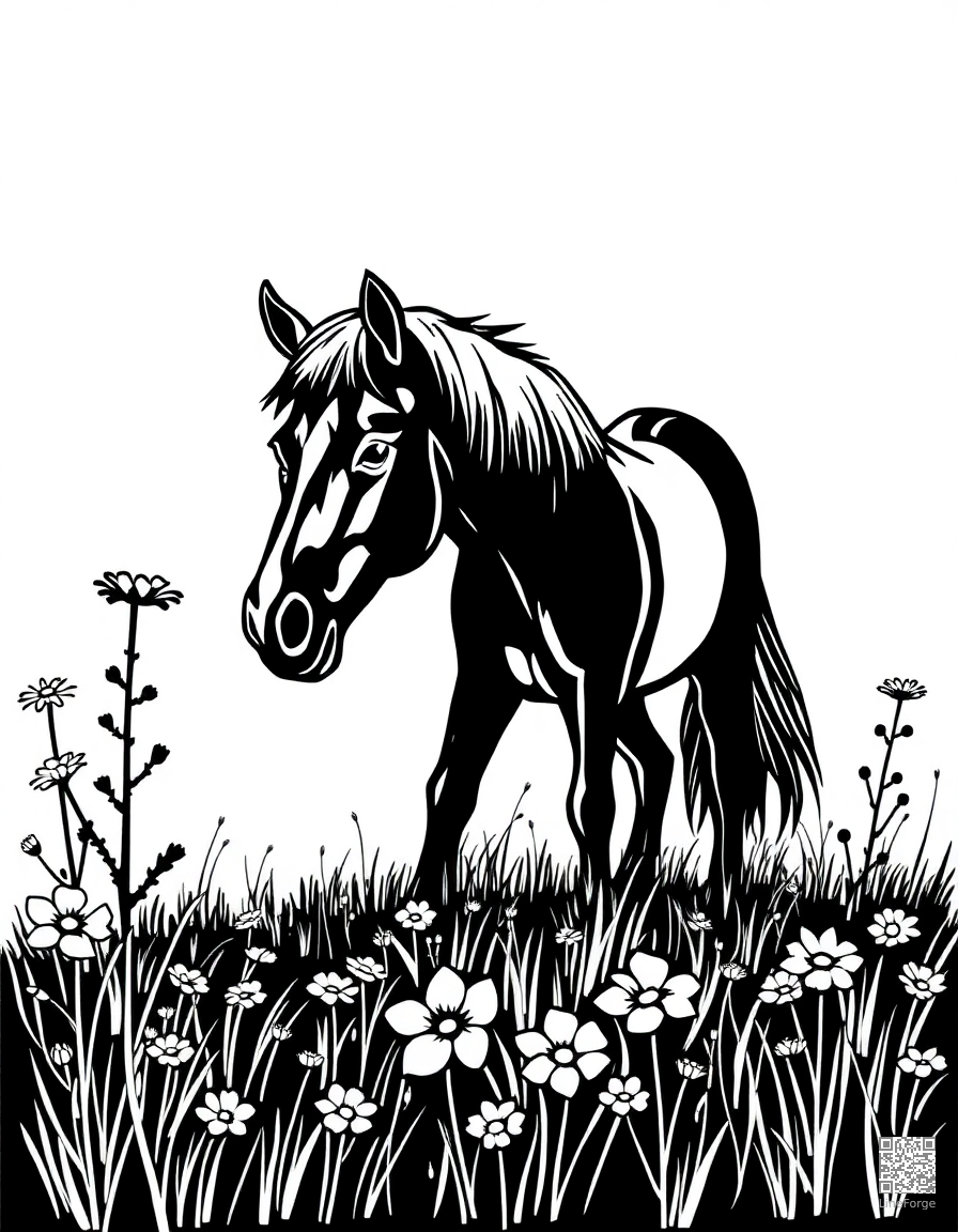 A pony standing in a field of wildflowers coloring page Woodcut style - free printable