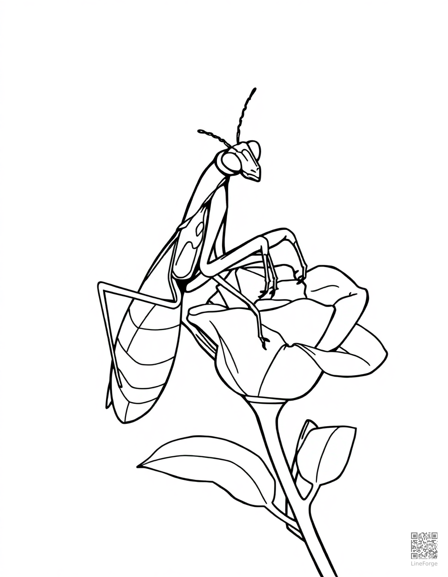 A praying mantis on a rose stem coloring page Contour style - free printable