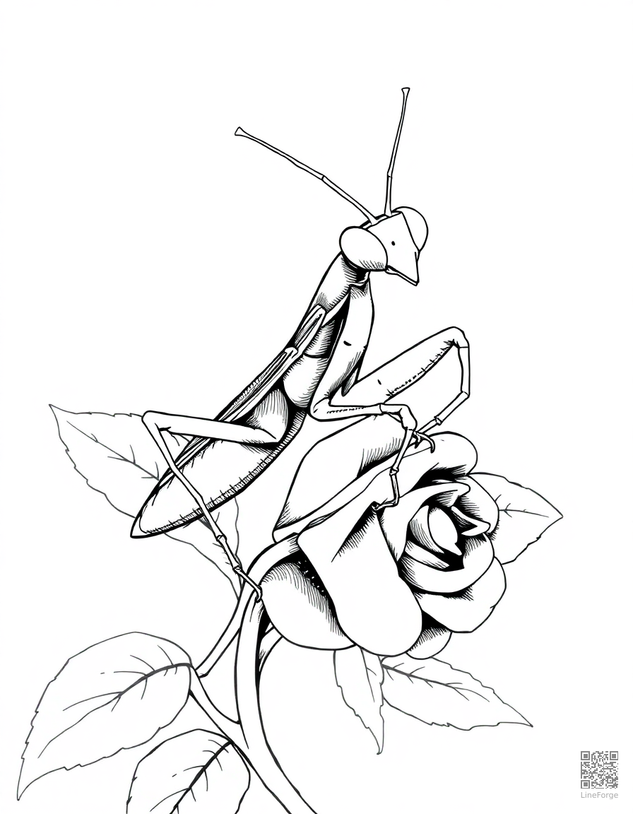 A praying mantis on a rose stem coloring page Crosshatch style - free printable