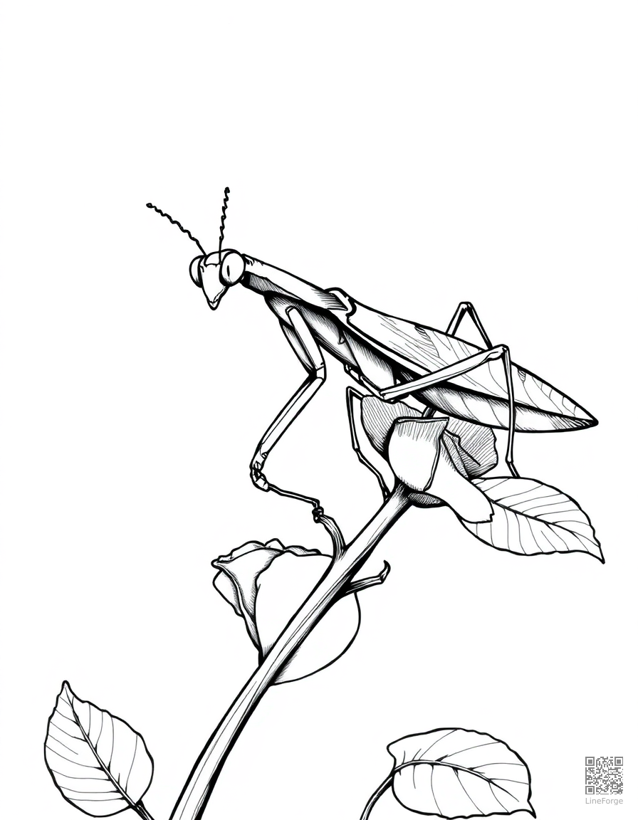 A praying mantis on a rose stem coloring page Crosshatch style - free printable