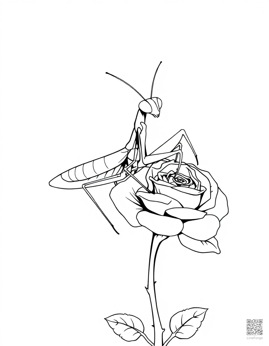 A praying mantis on a rose stem coloring page Manga style - free printable