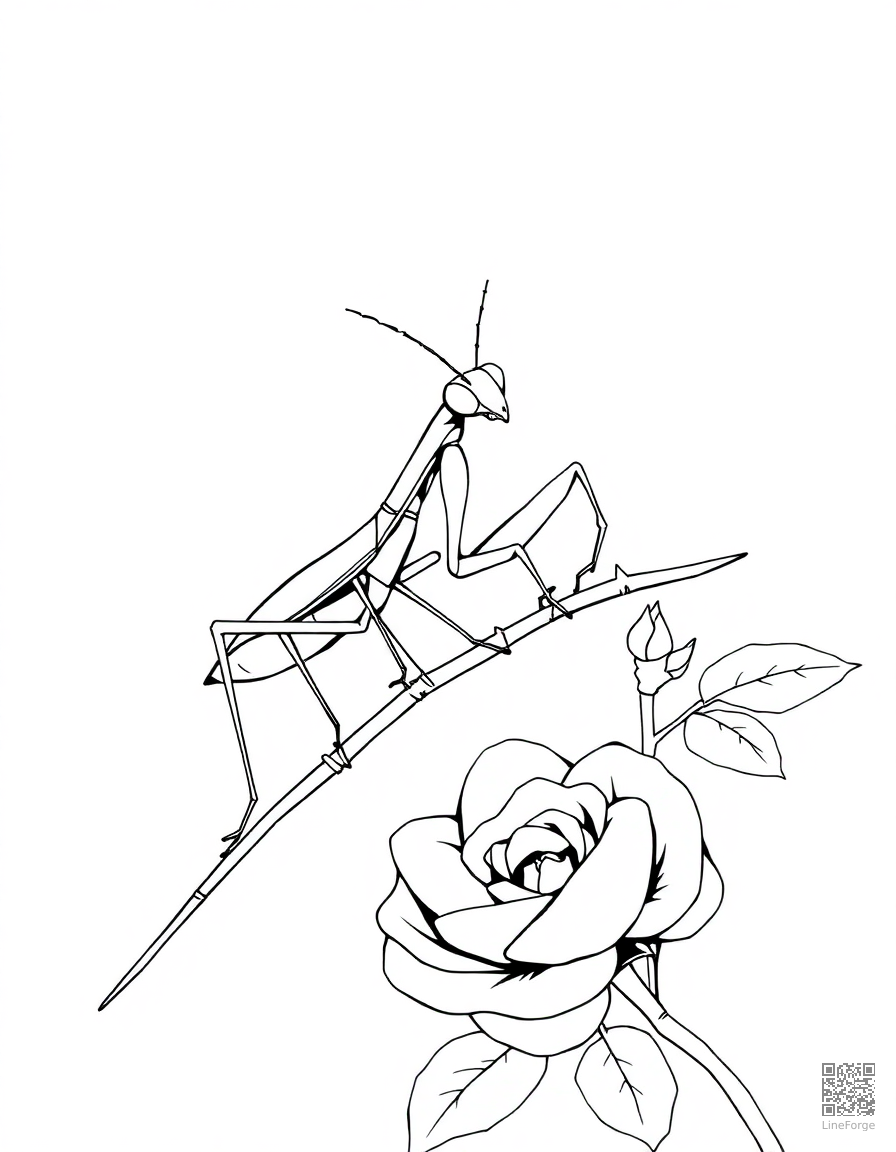 A praying mantis on a rose stem coloring page Manga style - free printable