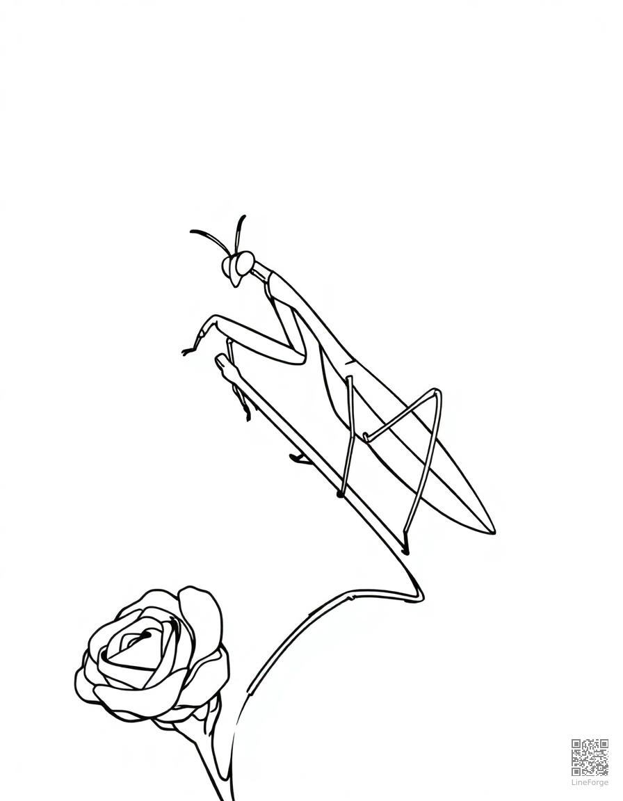 A praying mantis on a rose stem coloring page Minimal style - free printable