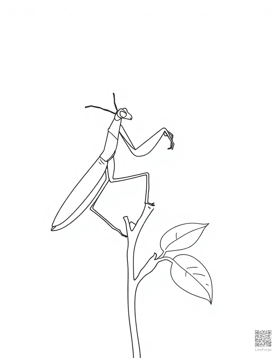 A praying mantis on a rose stem coloring page Minimal style - free printable