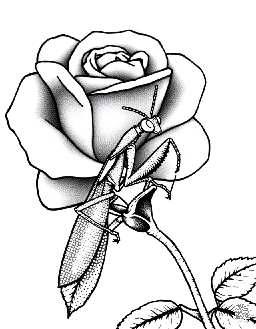 A praying mantis on a rose stem coloring page Stipple style - free printable