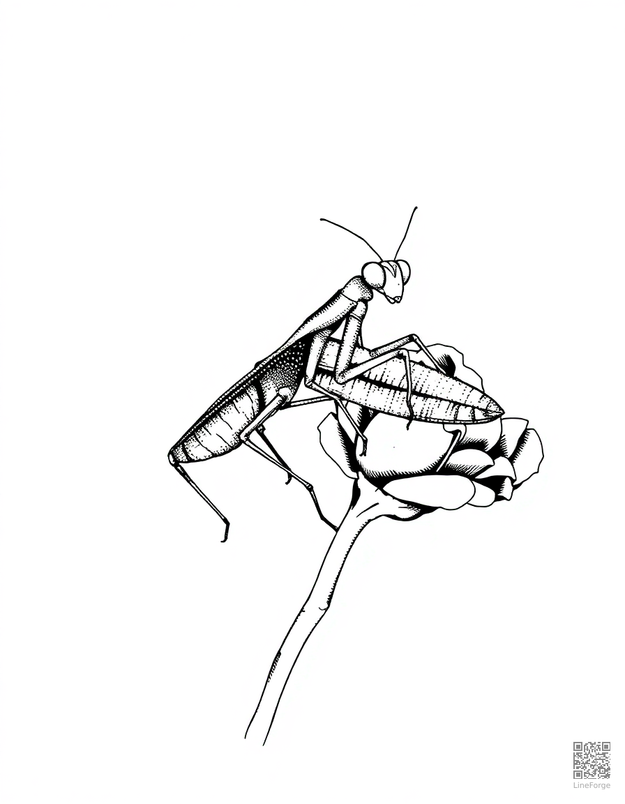 A praying mantis on a rose stem coloring page Stipple style - free printable