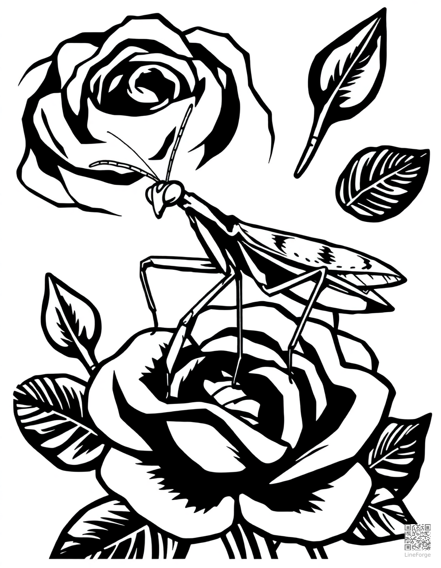 A praying mantis on a rose stem coloring page Woodcut style - free printable