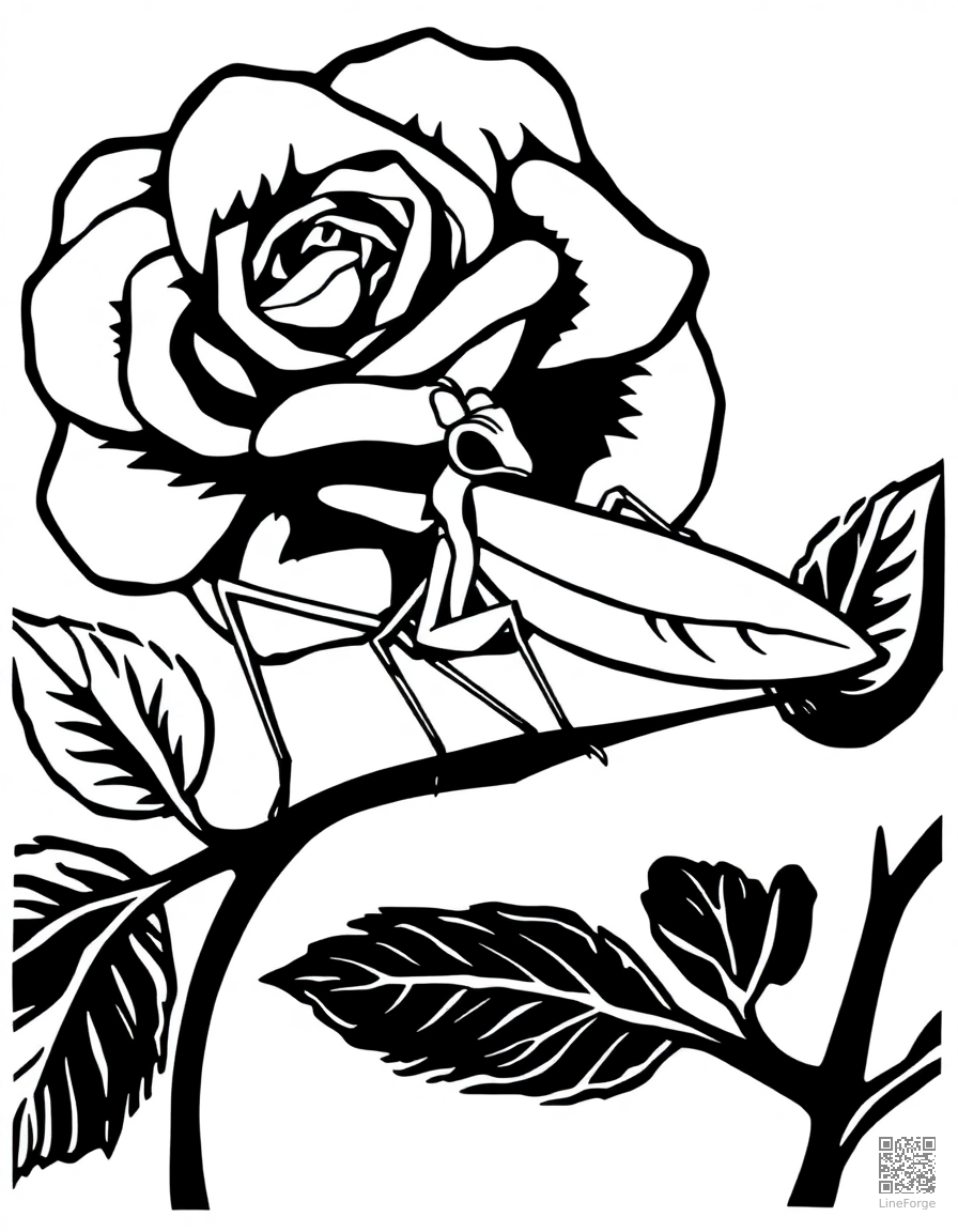 A praying mantis on a rose stem coloring page Woodcut style - free printable
