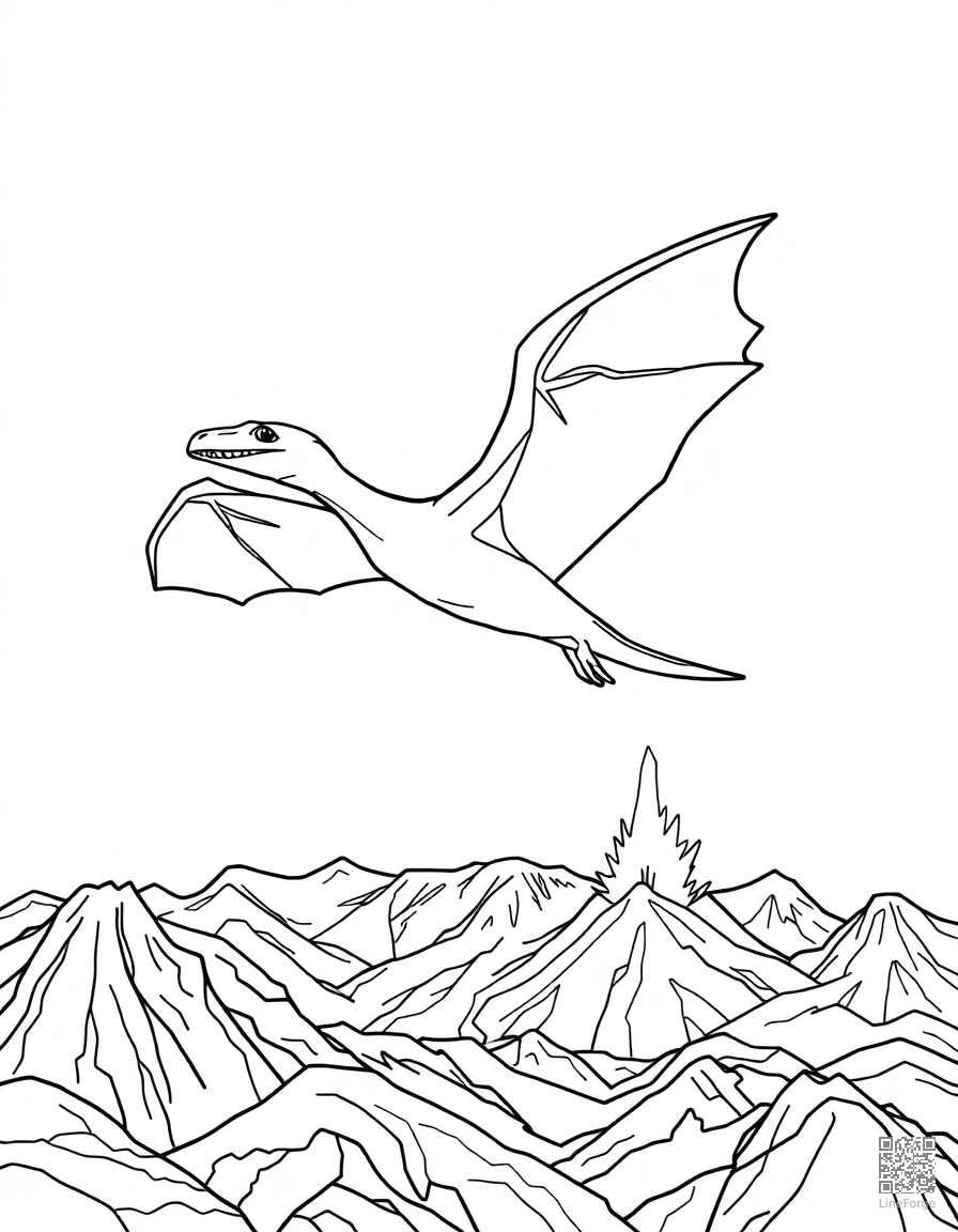 A pteranodon soaring over a volcanic landscape coloring page Contour style - free printable