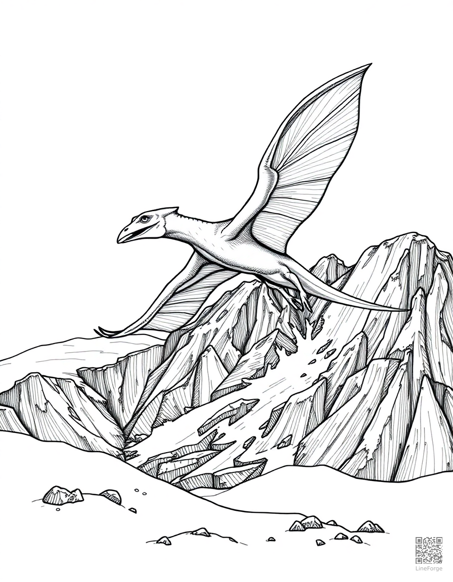 A pteranodon soaring over a volcanic landscape coloring page Crosshatch style - free printable