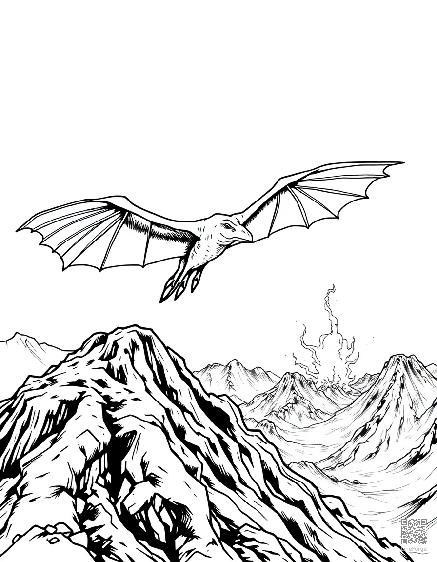 A pteranodon soaring over a volcanic landscape coloring page Manga style - free printable
