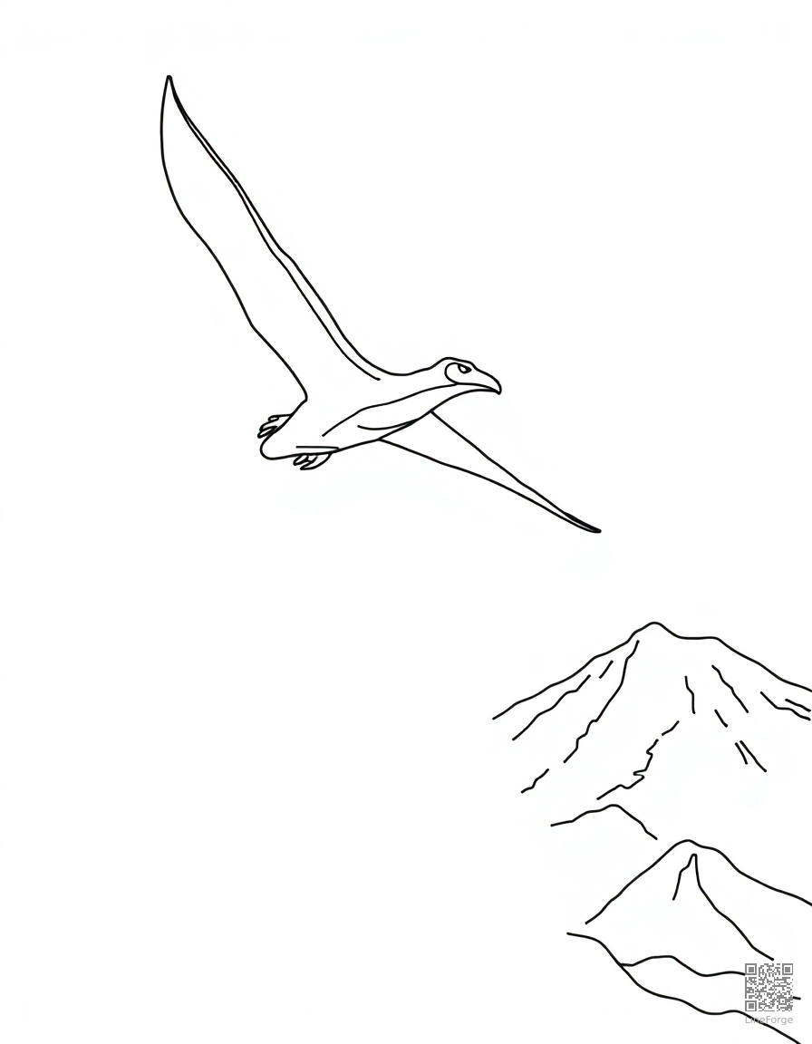 A pteranodon soaring over a volcanic landscape coloring page Minimal style - free printable