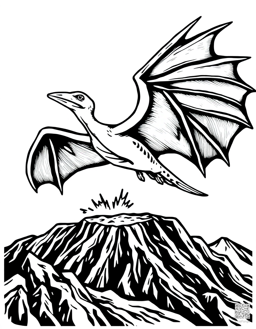 A pteranodon soaring over a volcanic landscape coloring page Woodcut style - free printable