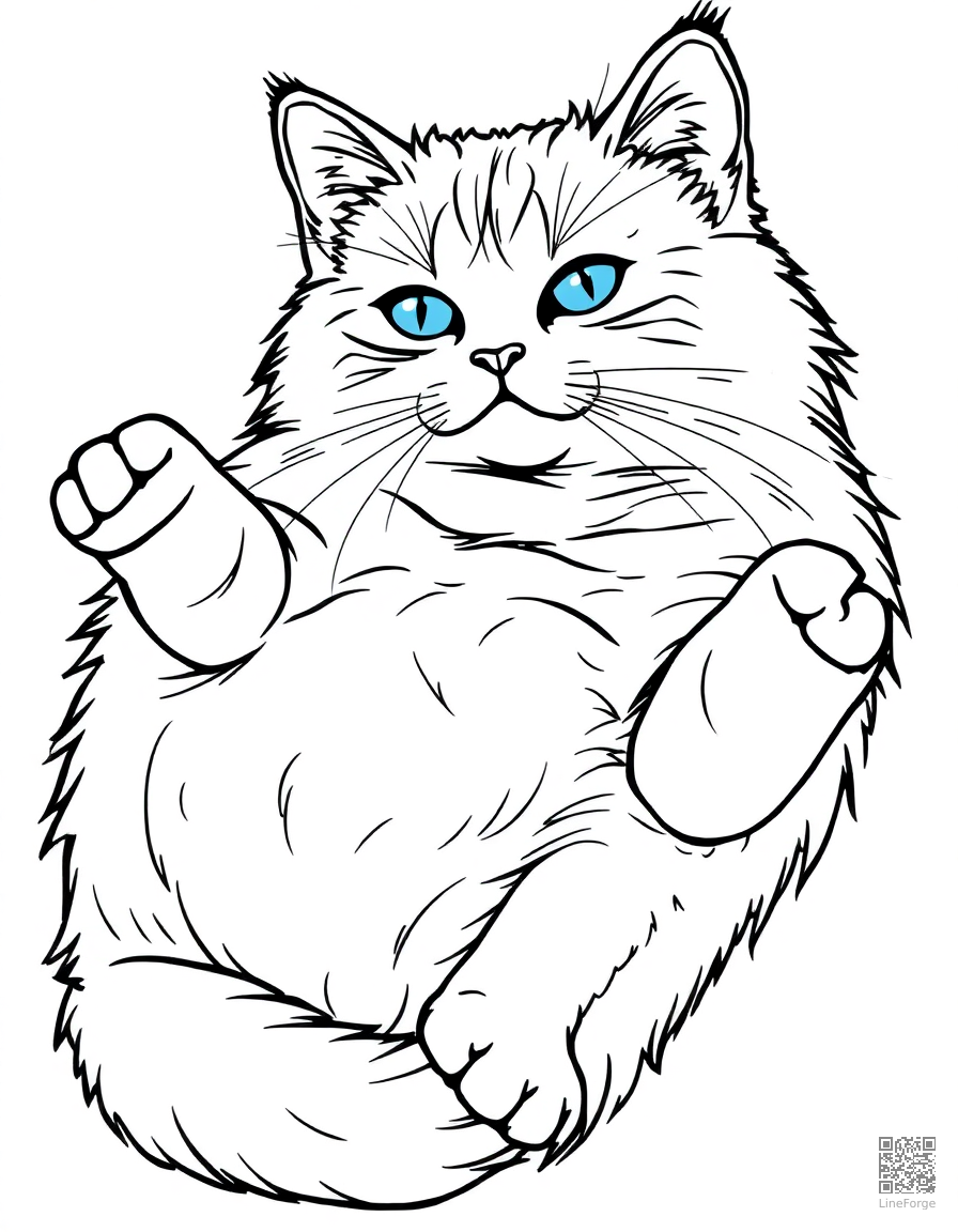 A ragdoll cat with blue eyes lying on its back coloring page Contour style - free printable