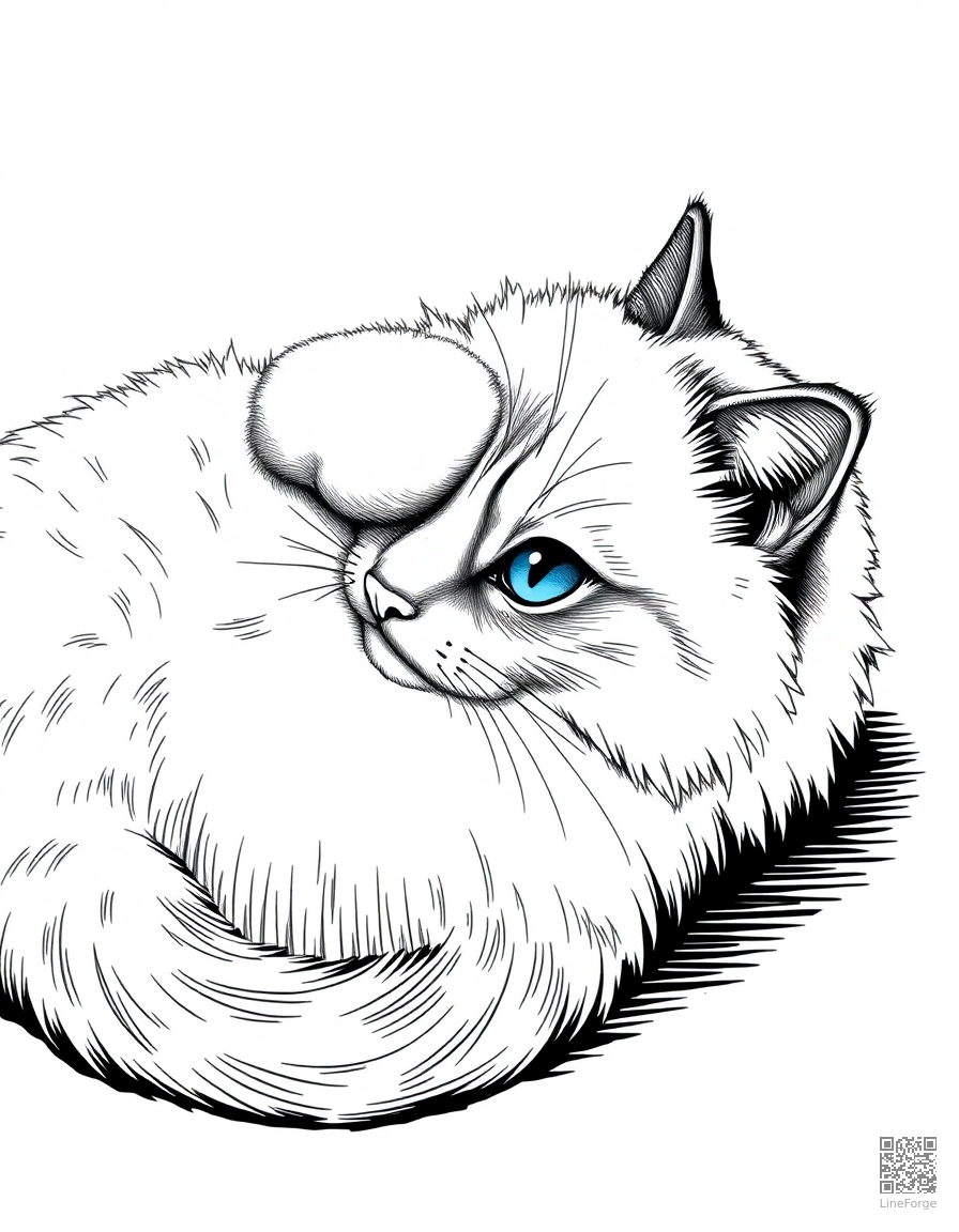 A ragdoll cat with blue eyes lying on its back coloring page Crosshatch style - free printable