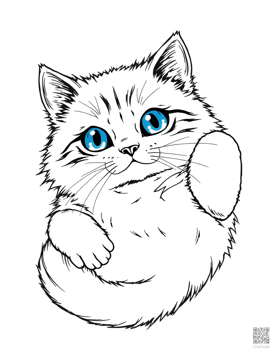 Free a ragdoll cat with blue eyes lying on its back coloring page in manga style — printable line art