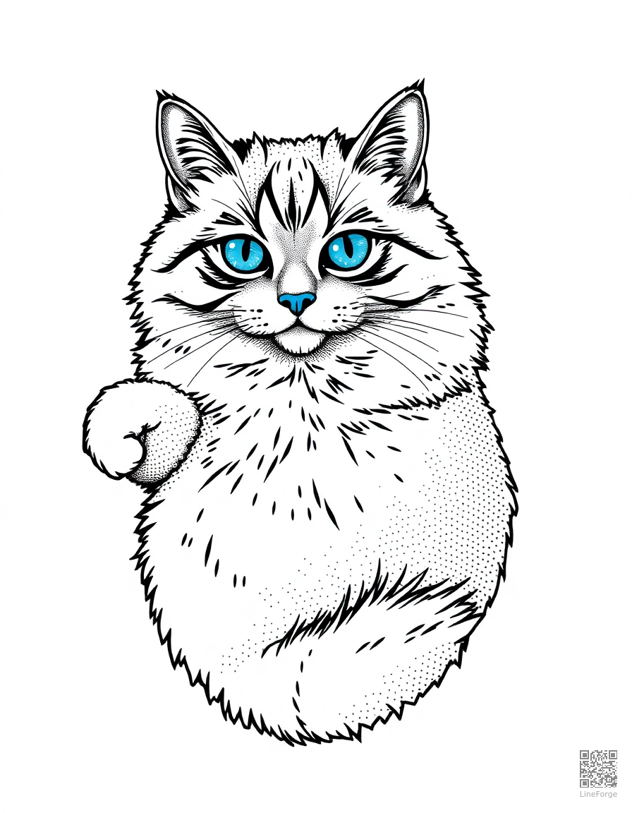 A ragdoll cat with blue eyes lying on its back coloring page Stipple style - free printable