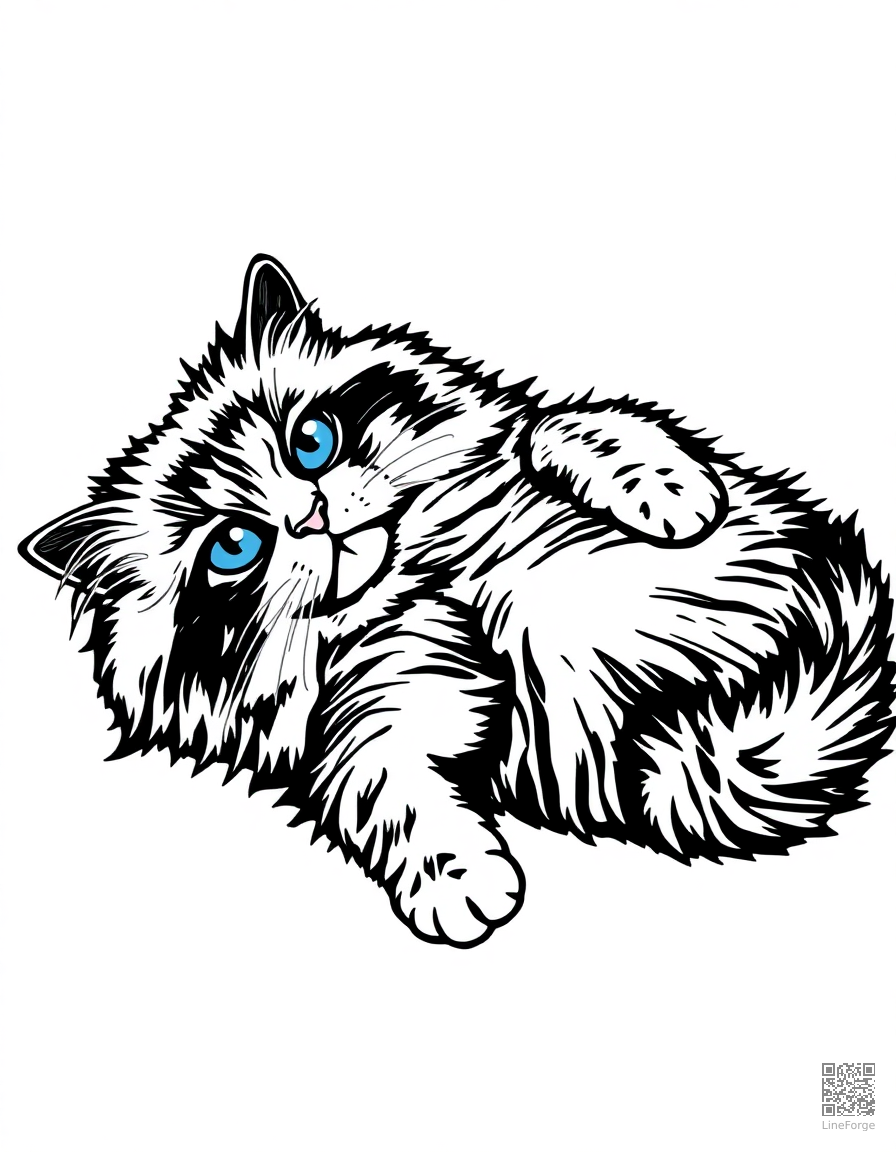 A ragdoll cat with blue eyes lying on its back coloring page Woodcut style - free printable