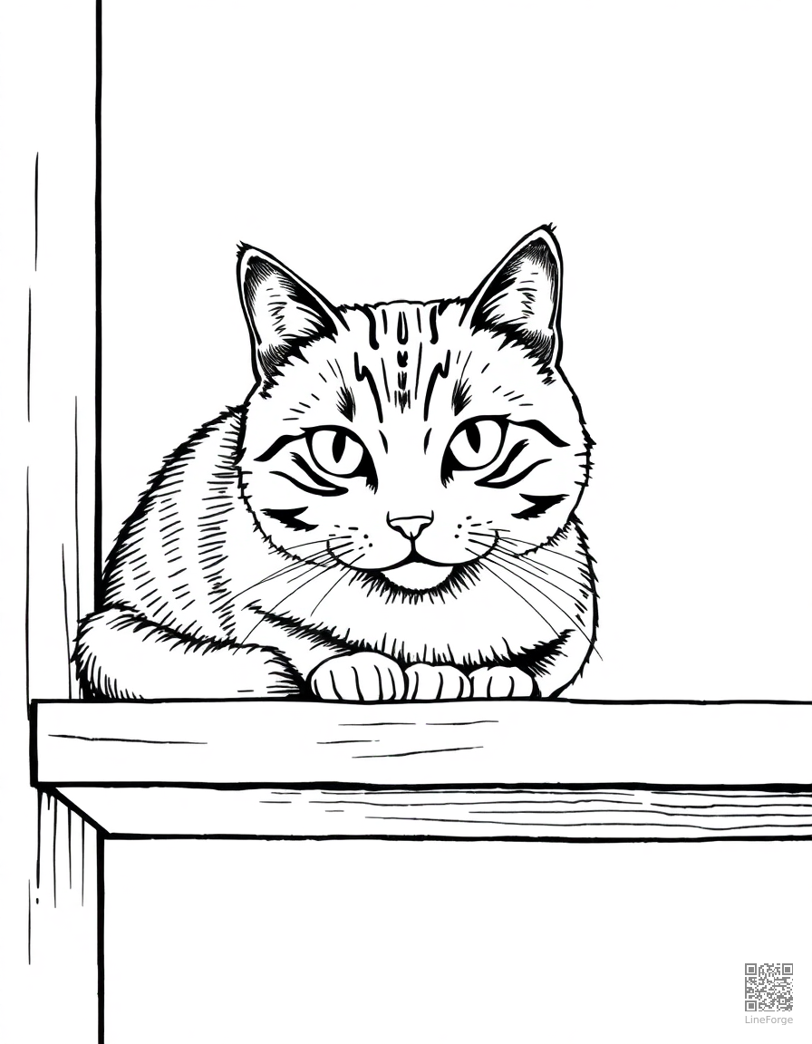 A scottish fold cat with folded ears on a shelf coloring page Crosshatch style - free printable