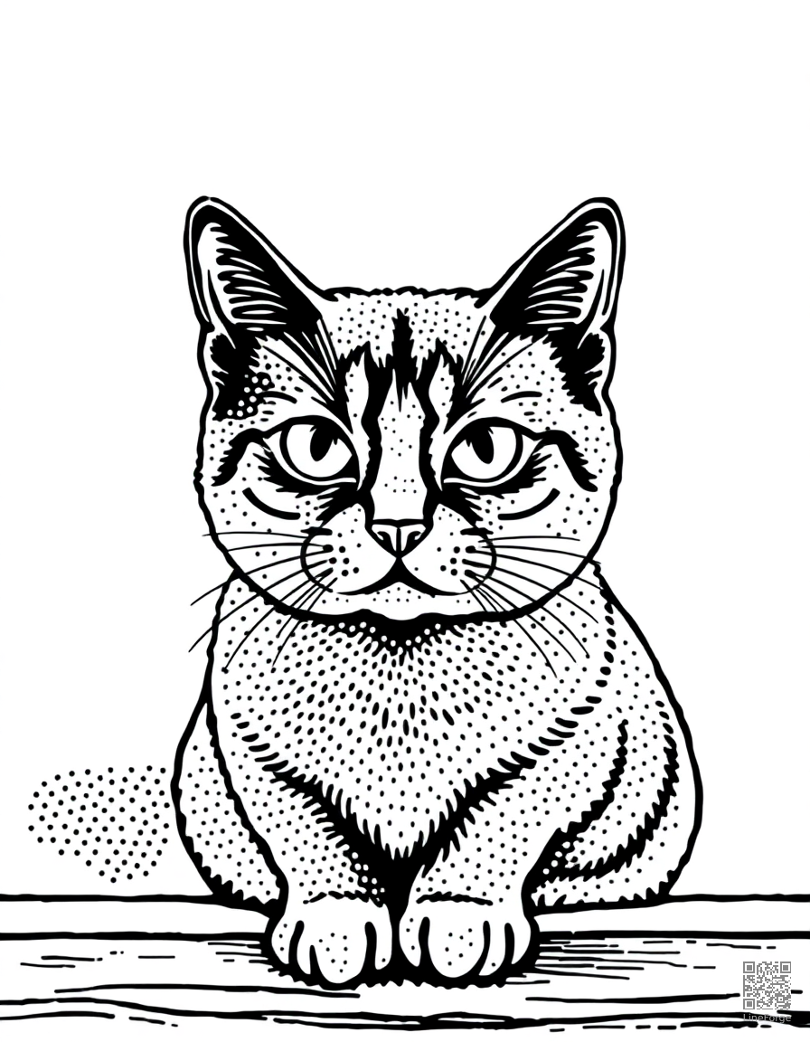 A scottish fold cat with folded ears on a shelf coloring page Stipple style - free printable