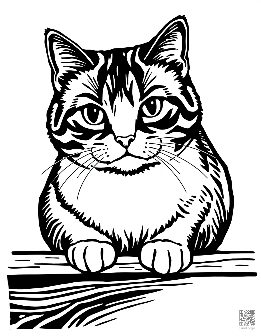 A scottish fold cat with folded ears on a shelf coloring page Woodcut style - free printable