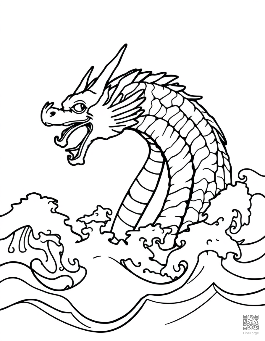 A sea dragon emerging from ocean waves coloring page Contour style - free printable
