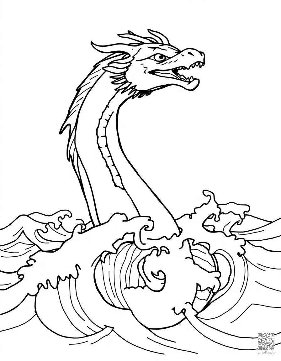 A sea dragon emerging from ocean waves coloring page Contour style - free printable