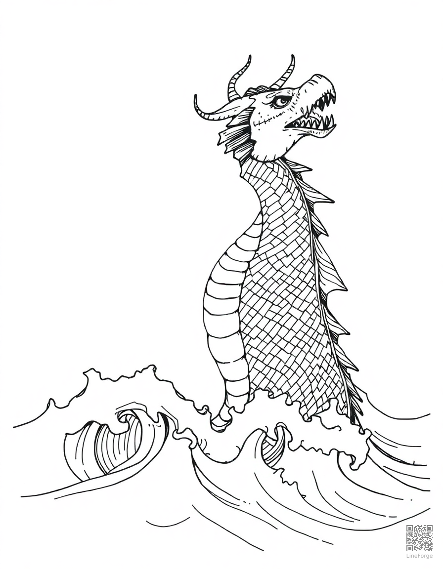 A sea dragon emerging from ocean waves coloring page Crosshatch style - free printable