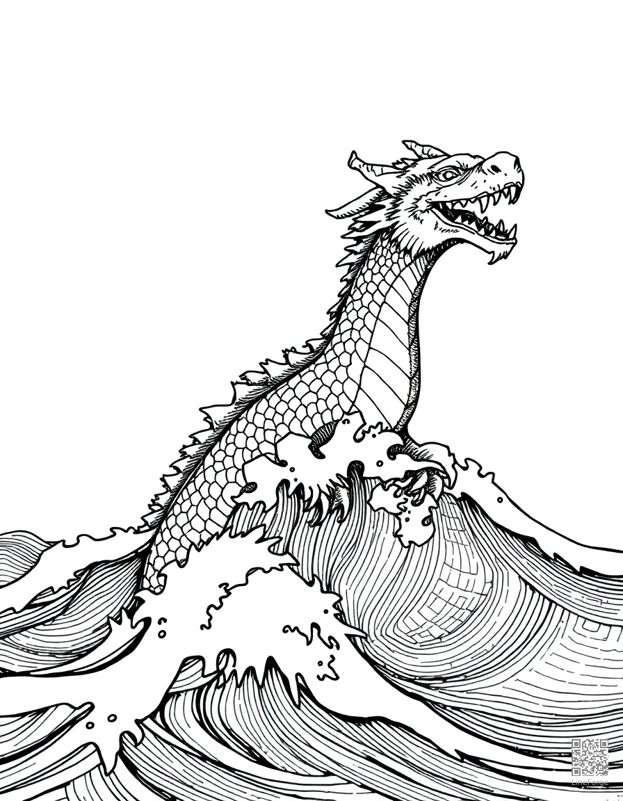 A sea dragon emerging from ocean waves coloring page Crosshatch style - free printable