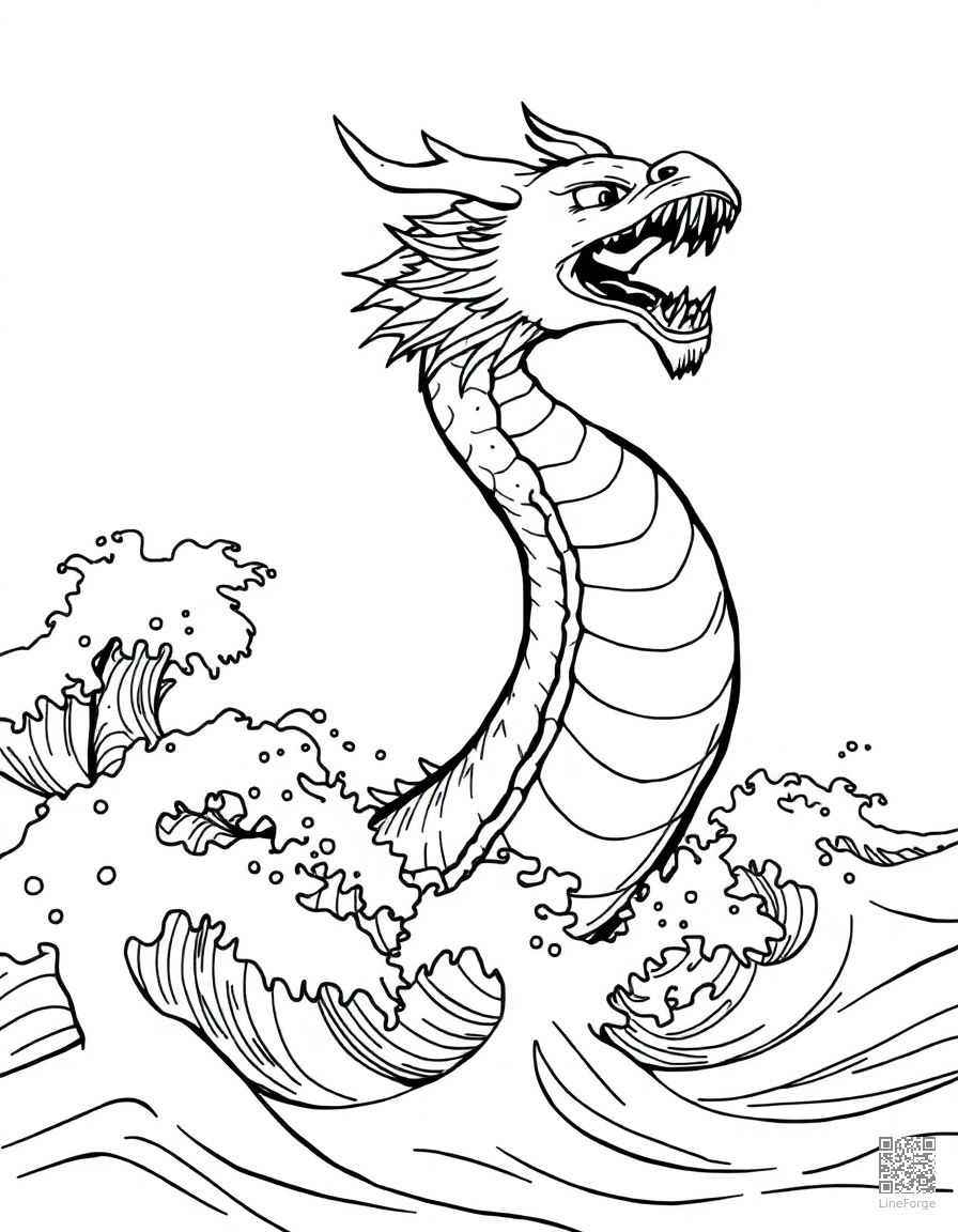 A sea dragon emerging from ocean waves coloring page Manga style - free printable