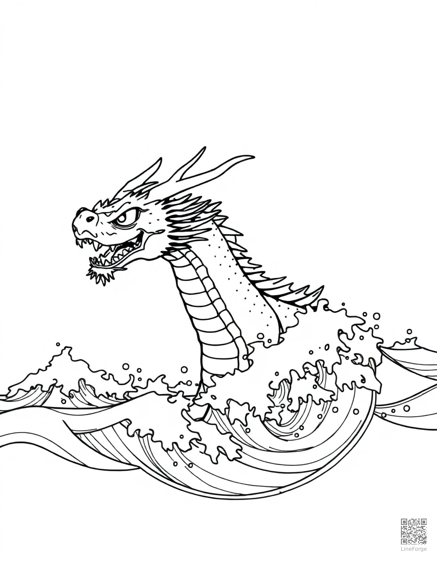 A sea dragon emerging from ocean waves coloring page Manga style - free printable