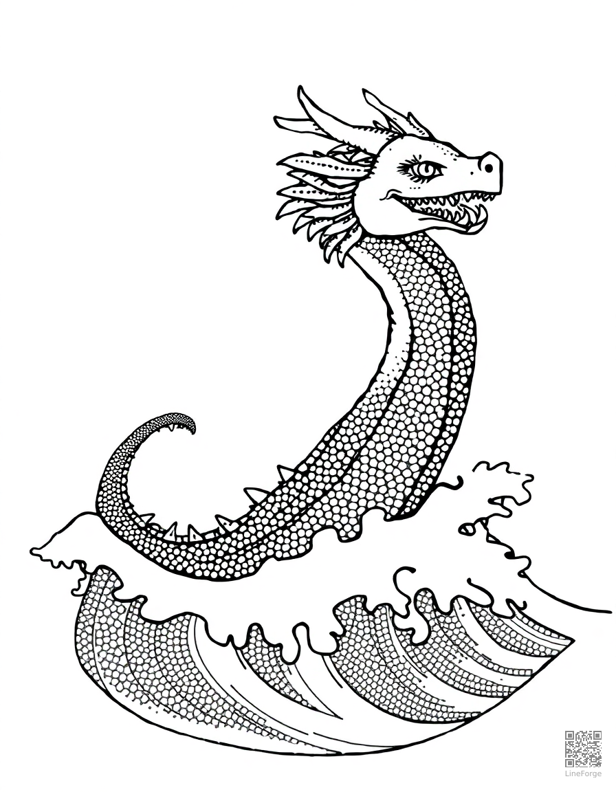 A sea dragon emerging from ocean waves coloring page Stipple style - free printable