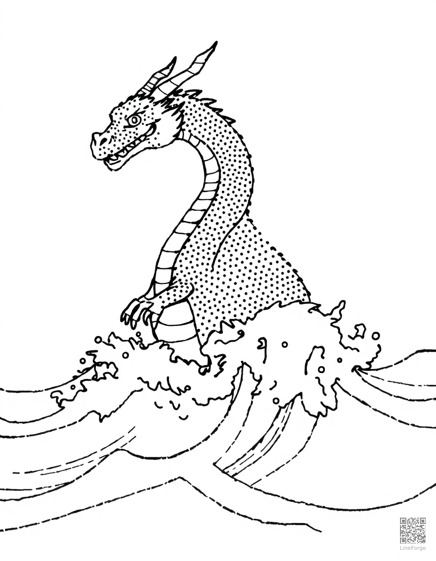 A sea dragon emerging from ocean waves coloring page Stipple style - free printable