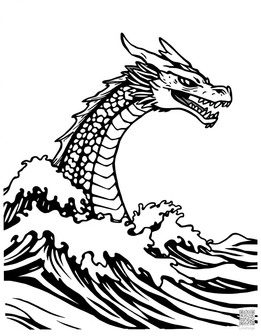 A sea dragon emerging from ocean waves coloring page Woodcut style - free printable