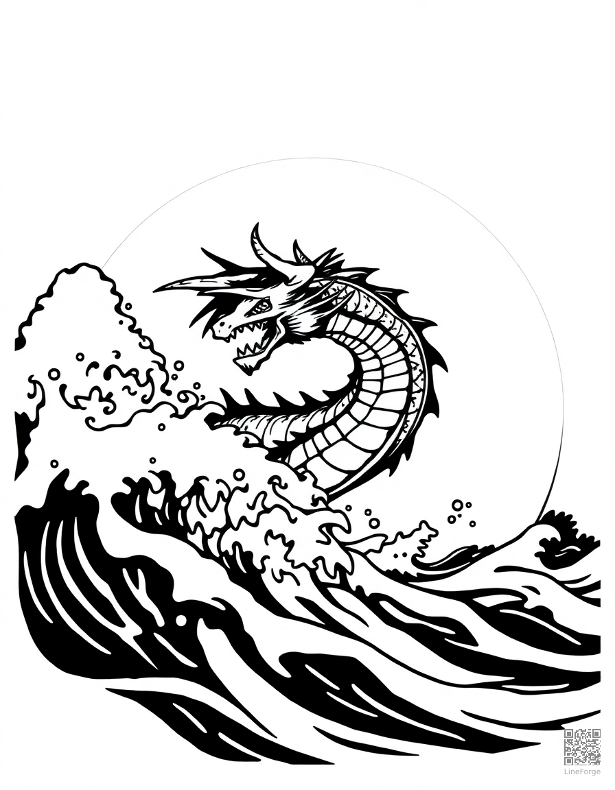 A sea dragon emerging from ocean waves coloring page Woodcut style - free printable