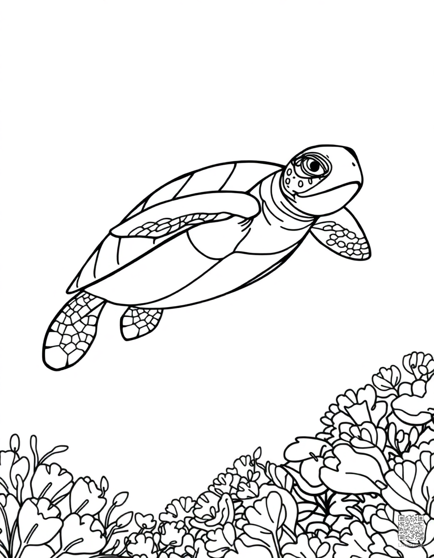 A sea turtle gliding over a coral reef coloring page Contour style free printable