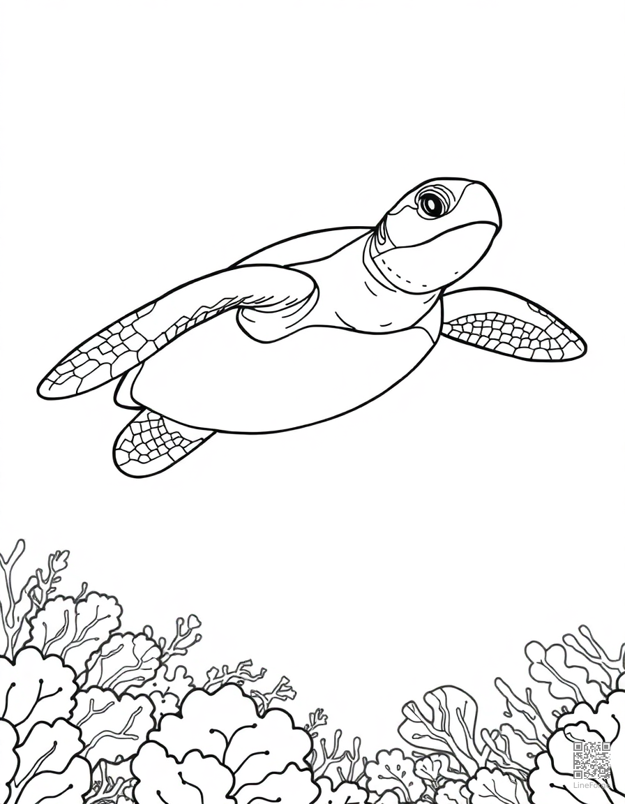 A sea turtle gliding over a coral reef coloring page Contour style free printable