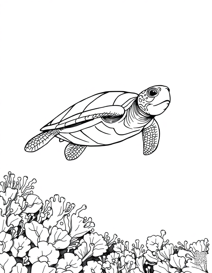 A sea turtle gliding over a coral reef coloring page Crosshatch style - free printable