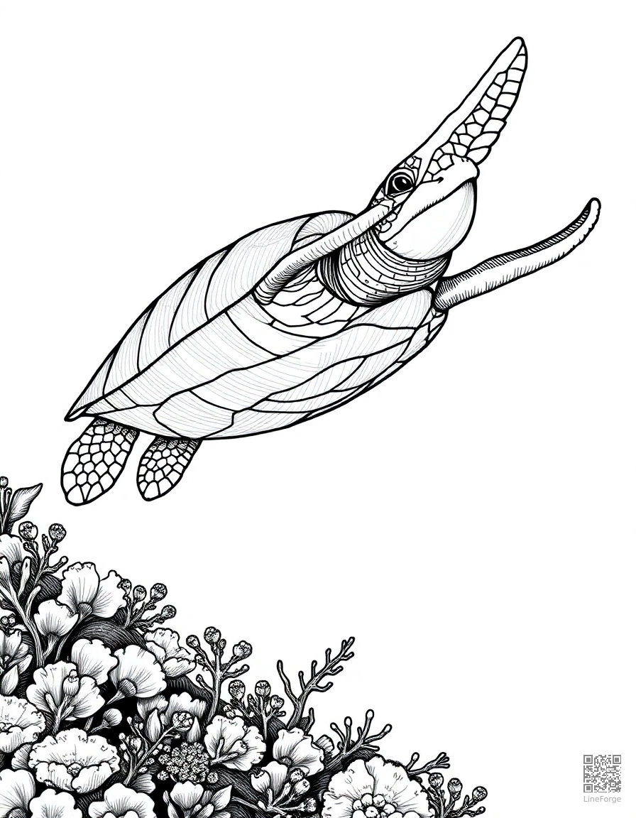 A sea turtle gliding over a coral reef coloring page Crosshatch style - free printable