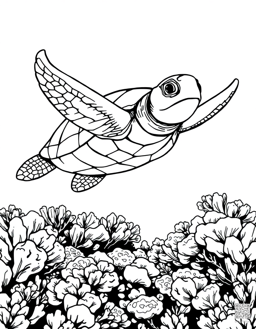 A sea turtle gliding over a coral reef coloring page Manga style - free printable