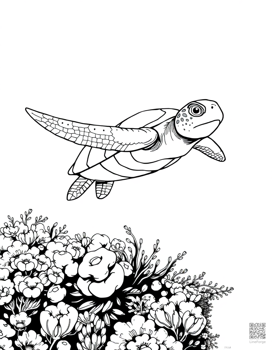 A sea turtle gliding over a coral reef coloring page Manga style - free printable