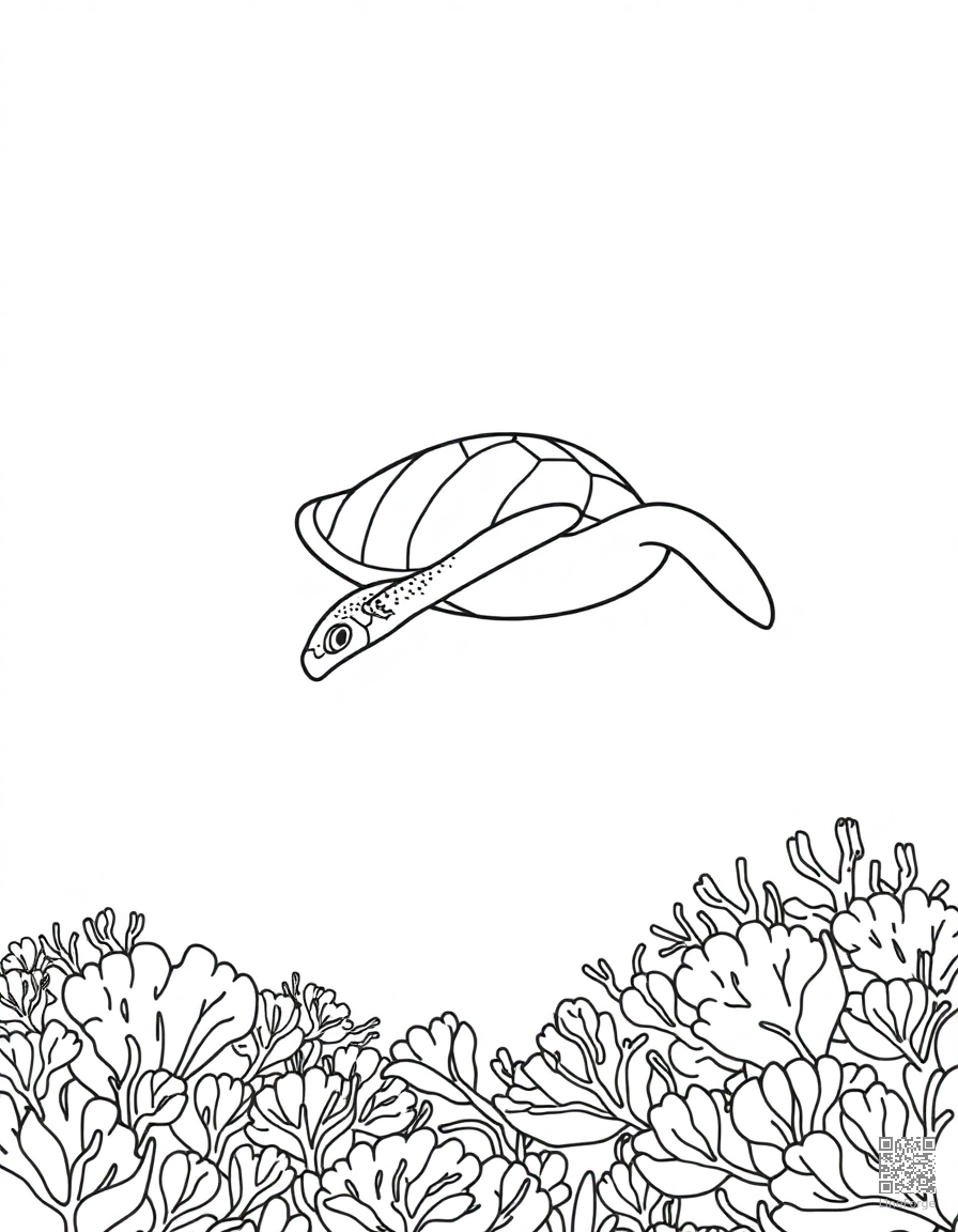A sea turtle gliding over a coral reef coloring page Minimal style - free printable