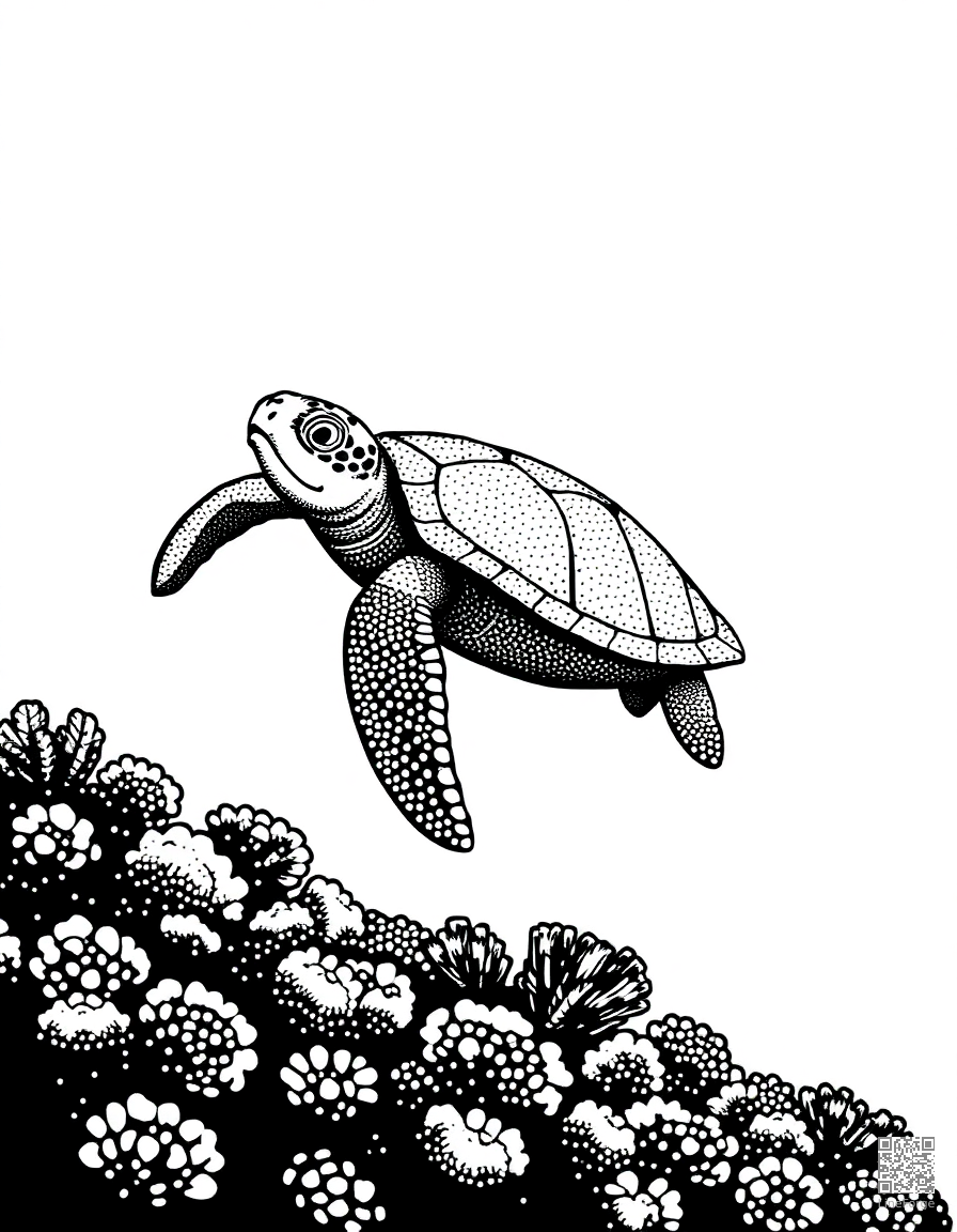 A sea turtle gliding over a coral reef coloring page Stipple style - free printable