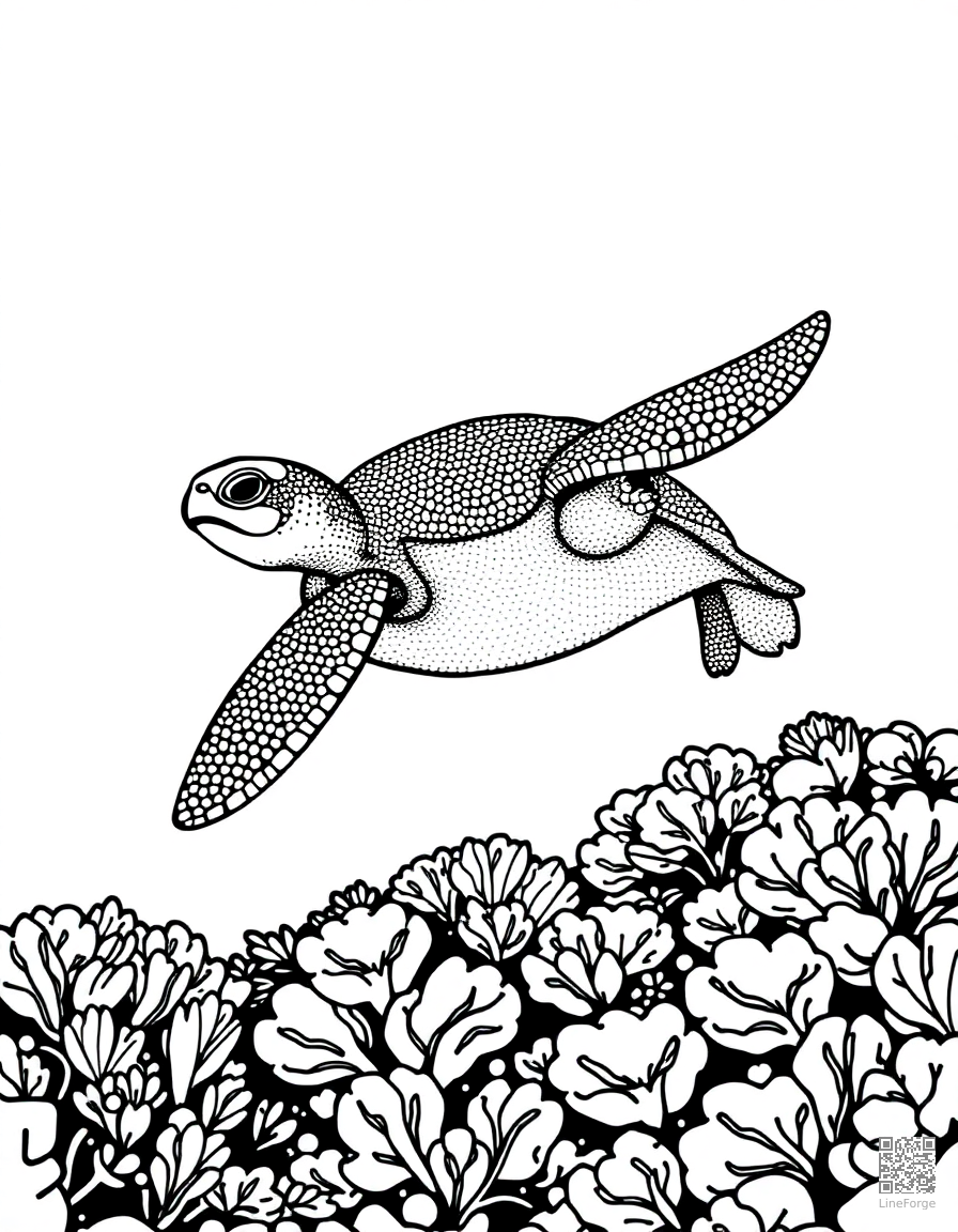 A sea turtle gliding over a coral reef coloring page Stipple style - free printable