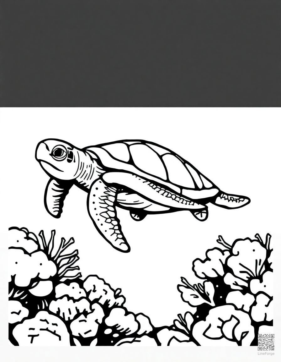 A sea turtle gliding over a coral reef coloring page Woodcut style - free printable