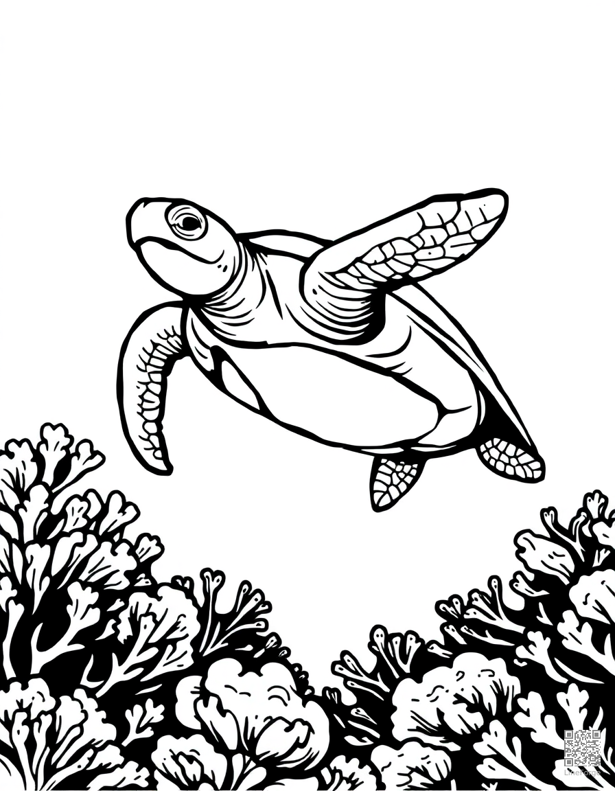 A sea turtle gliding over a coral reef coloring page Woodcut style - free printable